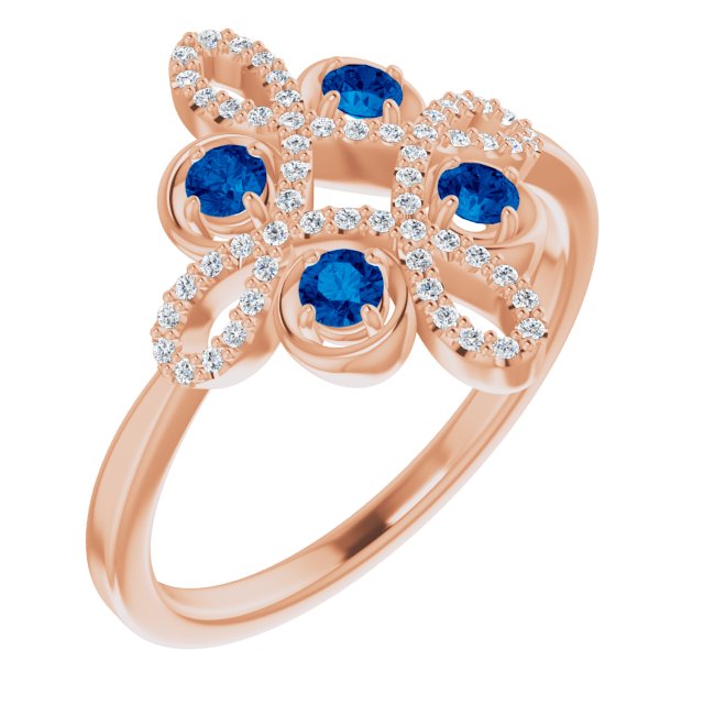 14K Rose Natural Blue Sapphire & 1/8 CTW Natural Diamond Semi-Set Clover Ring